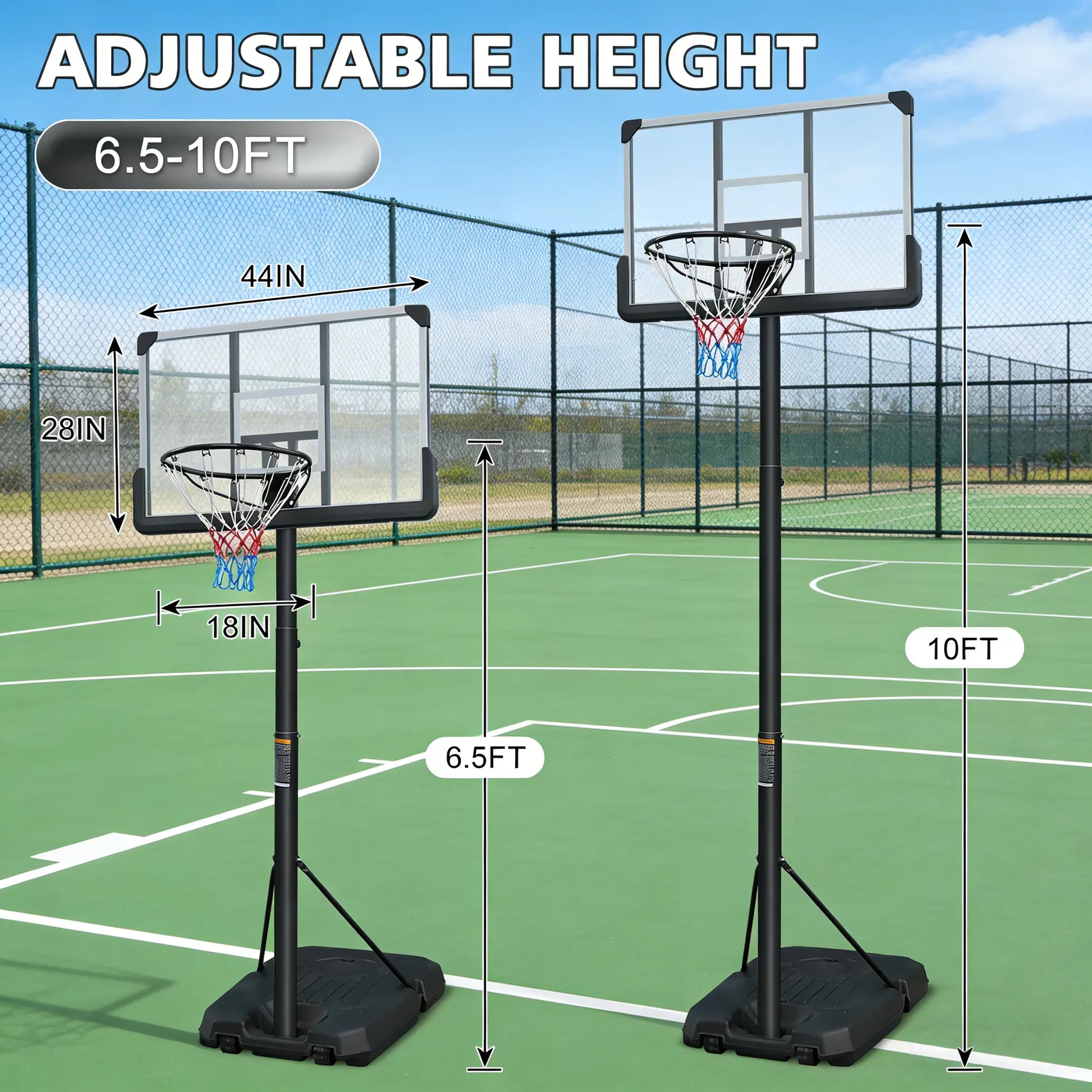 【Gym Stuff 】Height Adjustable Portable Basketball Hoop with Wheels, 44-Inch Backboard, Sturdy Base, Rust-Proof, Suitable for Outdoor Play by Children and Adults.