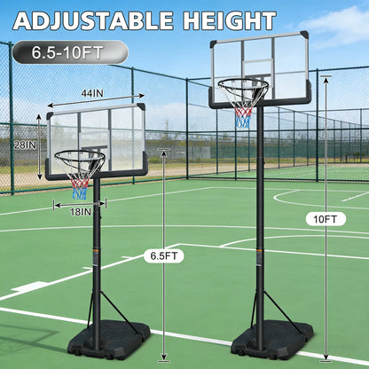 【Gym Stuff 】Height Adjustable Portable Basketball Hoop with Wheels, 44-Inch Backboard, Sturdy Base, Rust-Proof, Suitable for Outdoor Play by Children and Adults.