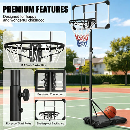 【Gym Stuff 】Height Adjustable Portable Basketball Hoop with Wheels, 44-Inch Backboard, Sturdy Base, Rust-Proof, Suitable for Outdoor Play by Children and Adults.