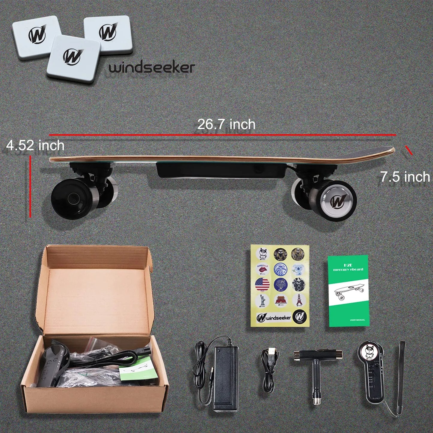 Windseeker Electric Skateboard, Mini Cruiser, Shortboard, Let Your Feet Be Free. 26-Inch Land Surfing Skateboard, 350W Brushless Motor, Top Speed 12.5 Mph, Maximum Load 155 Lbs, IP5 Waterproof, UL Certified, a Gift Suitable for Children and Teenagers.