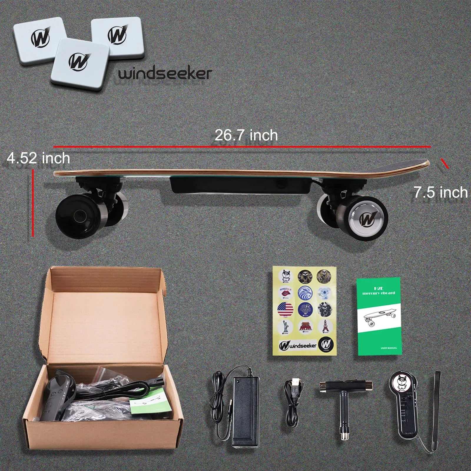 Windseeker Electric Skateboard, Mini Cruiser, Shortboard, Let Your Feet Be Free. 26-Inch Land Surfing Skateboard, 350W Brushless Motor, Top Speed 12.5 Mph, Maximum Load 155 Lbs, IP5 Waterproof, UL Certified, a Gift Suitable for Children and Teenagers.
