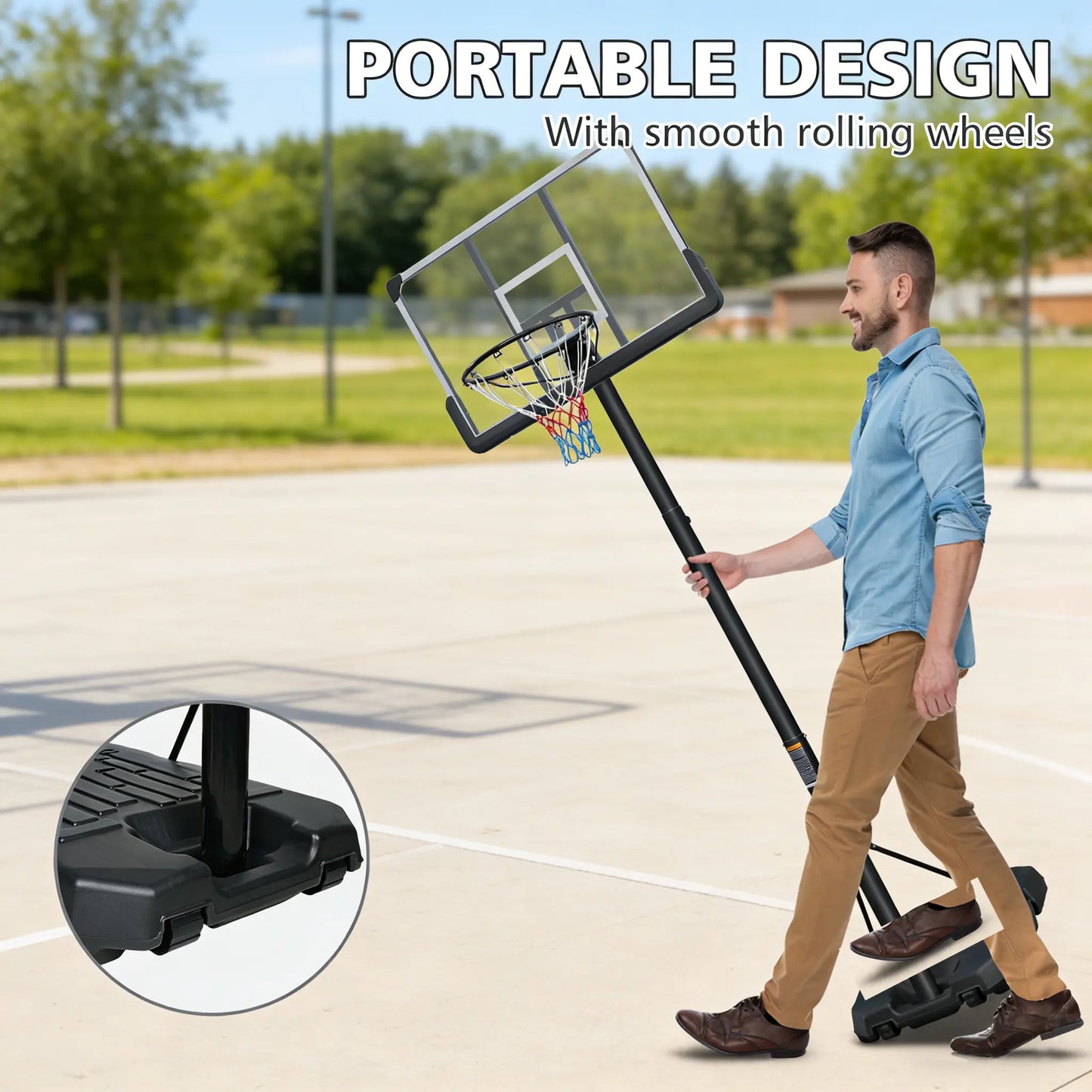 【Gym Stuff 】Height Adjustable Portable Basketball Hoop with Wheels, 44-Inch Backboard, Sturdy Base, Rust-Proof, Suitable for Outdoor Play by Children and Adults.
