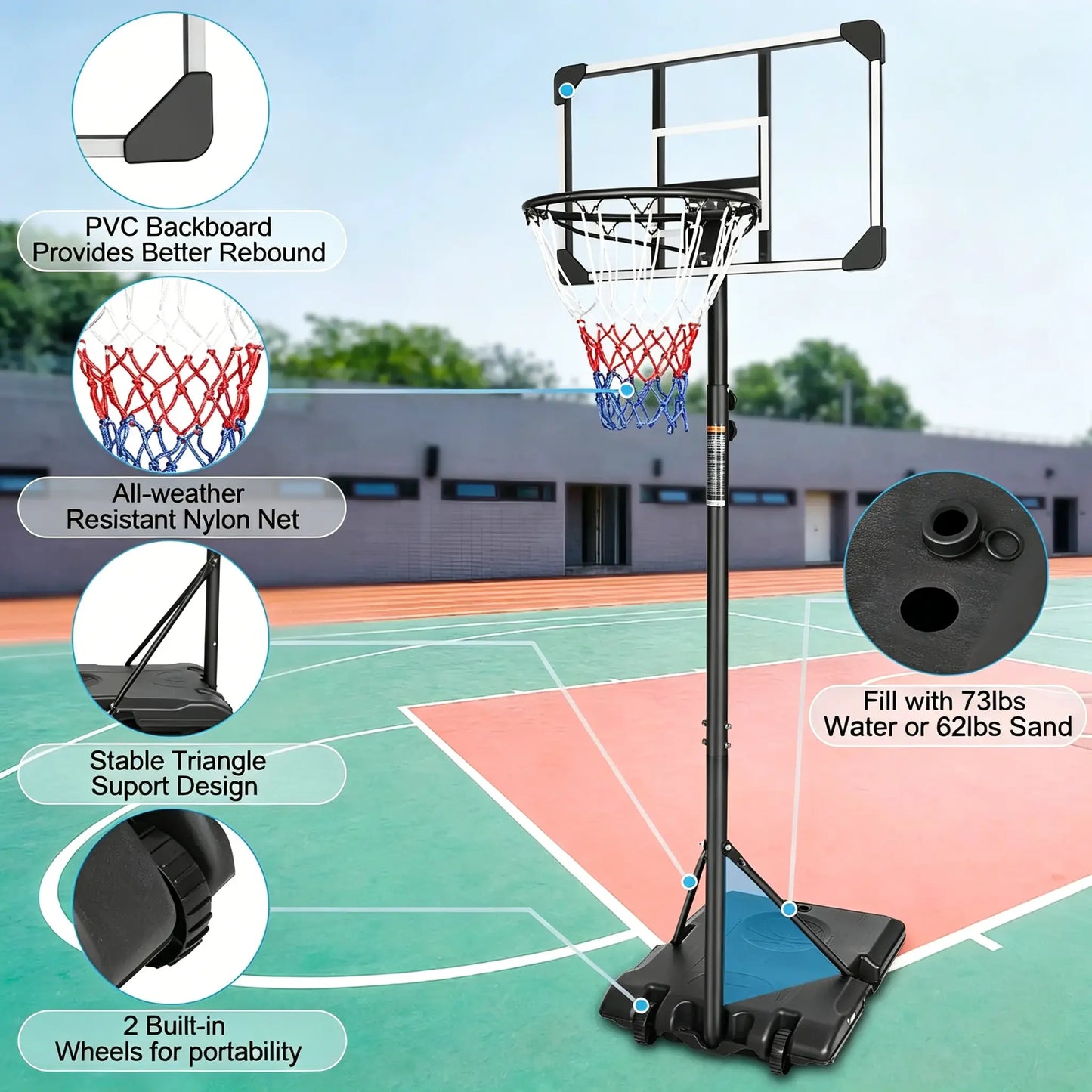 【Gym Stuff 】Height Adjustable Portable Basketball Hoop with Wheels, 44-Inch Backboard, Sturdy Base, Rust-Proof, Suitable for Outdoor Play by Children and Adults.