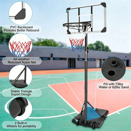 【Gym Stuff 】Height Adjustable Portable Basketball Hoop with Wheels, 44-Inch Backboard, Sturdy Base, Rust-Proof, Suitable for Outdoor Play by Children and Adults.